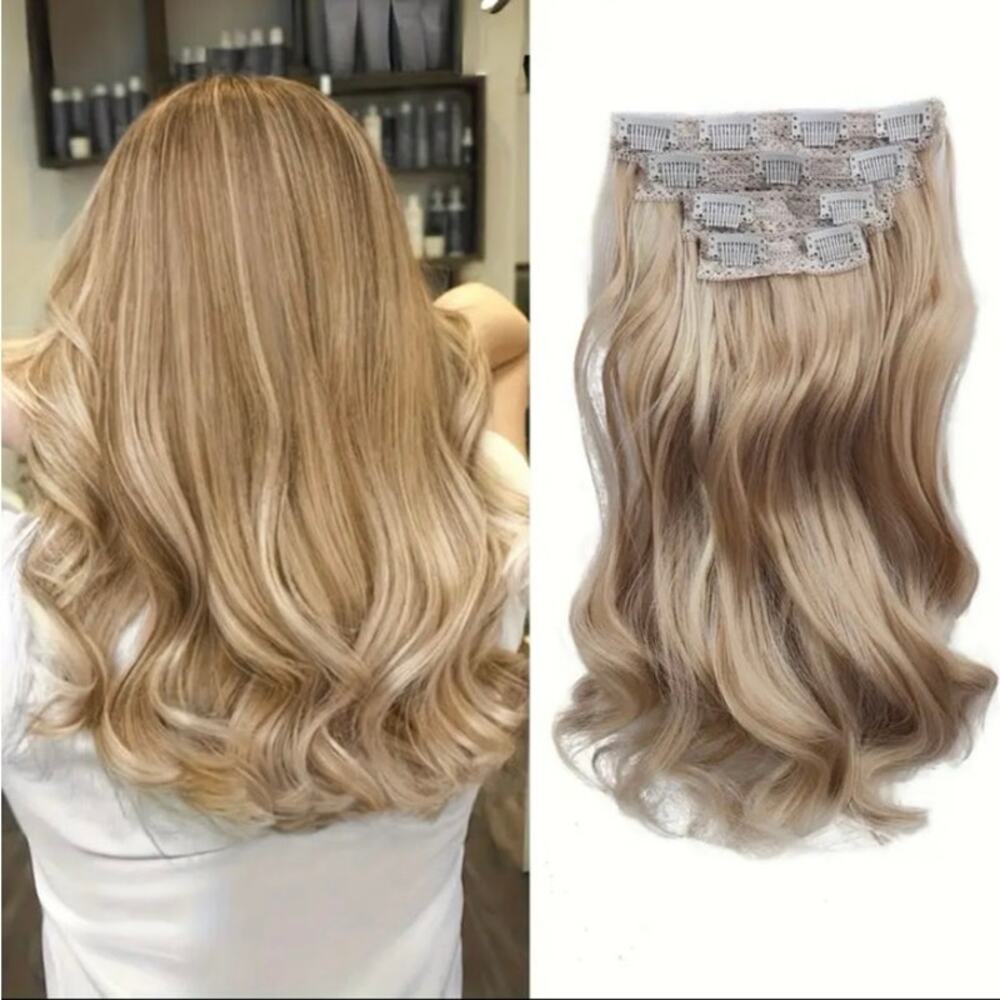 14” 4 piece synthetic wavy clip in extensions - blonde with highlights